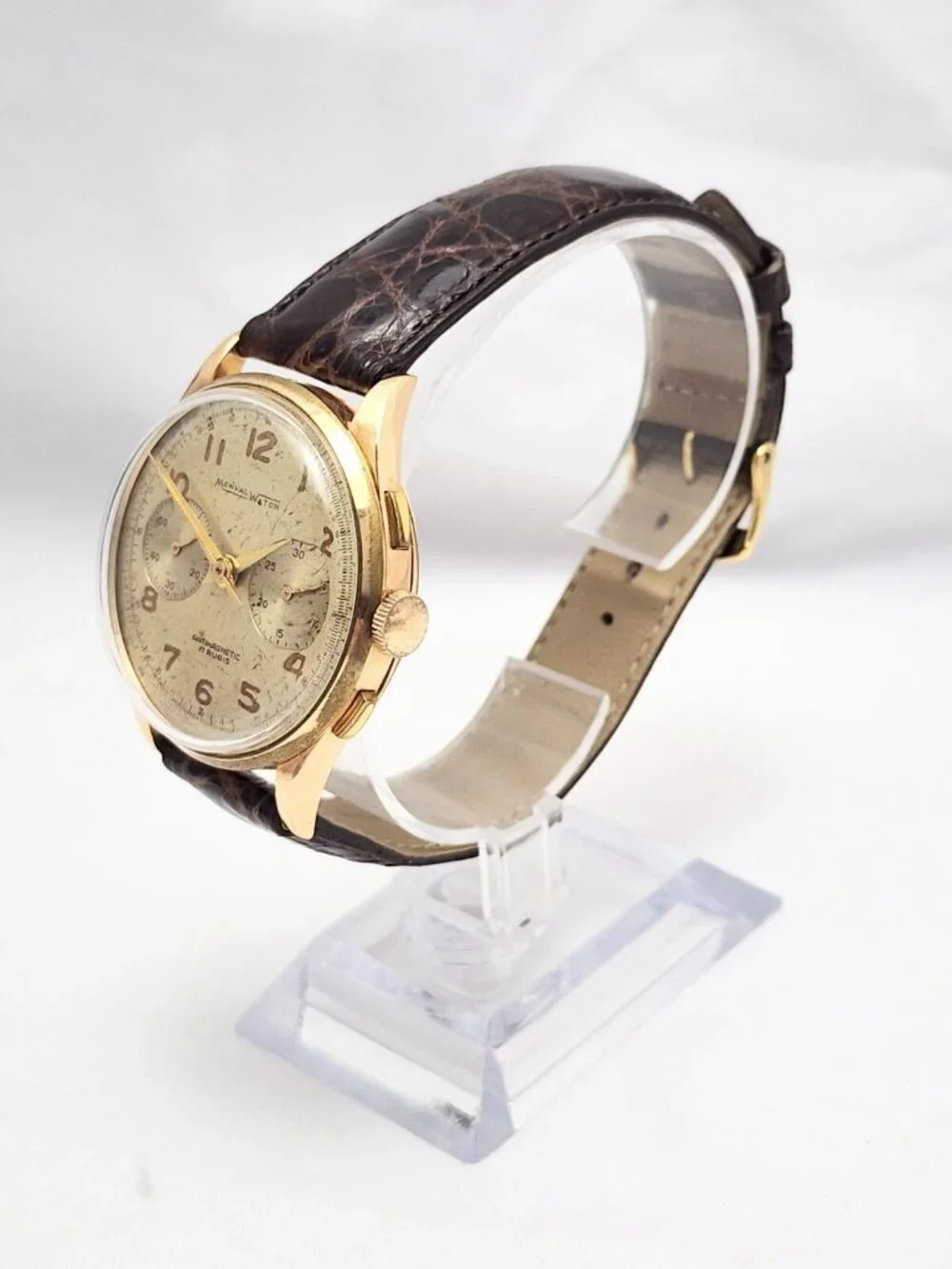 Vintage Monval 18K Rose Gold 37mm 17J Antimagnetic Chronograph Swiss Watch